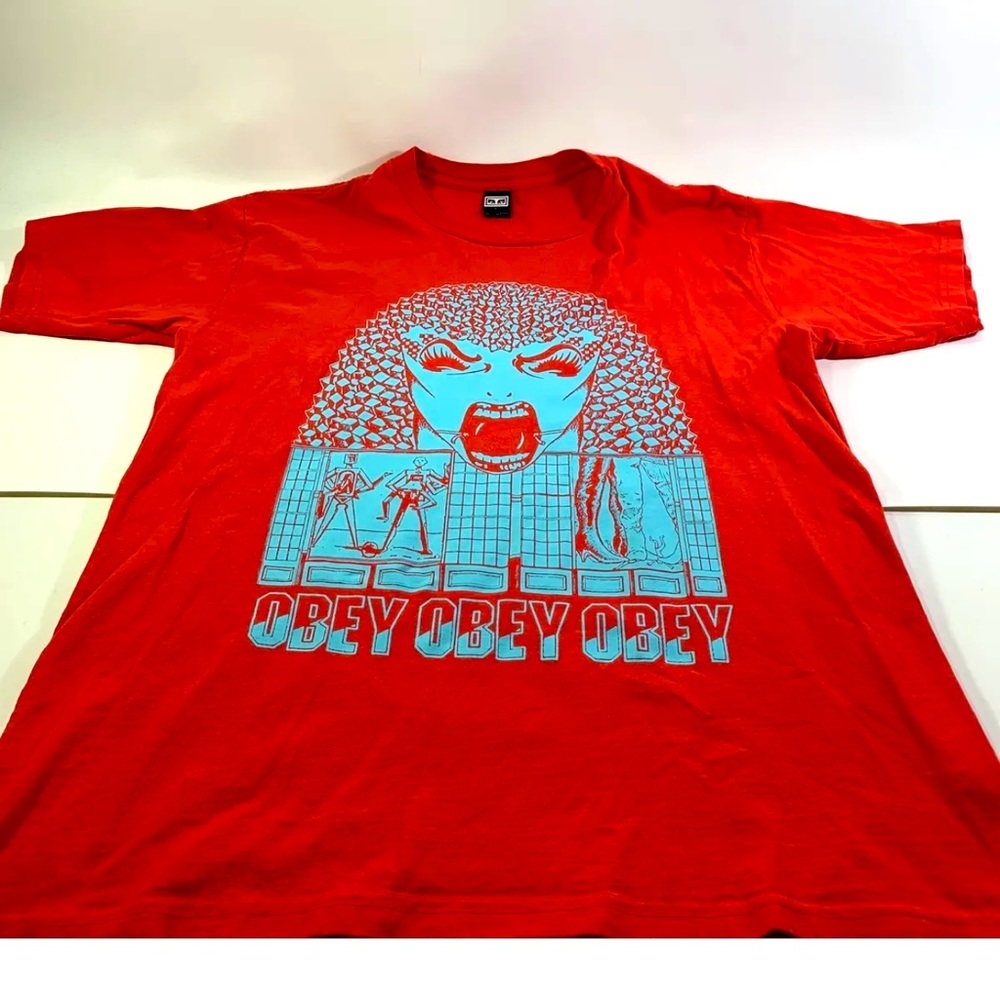 OBEY ORANGISH RED TEAL WOMAN SCREAMING YELLING GRAPHIC T SHIRT MEN SZ L